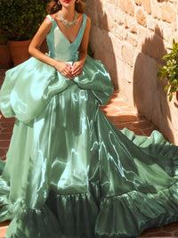 Ball Gown V-Neck Sleeveless Long Gorgeous Prom Dresses with Ruches & Ruffles