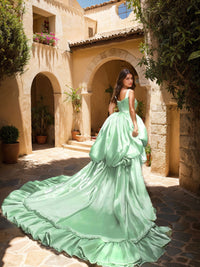 Ball Gown V-Neck Sleeveless Long Gorgeous Prom Dresses with Ruches & Ruffles