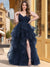 Ball Gown V-Neck Spaghetti Straps Sleeveless Floor-Length Plus Size Tulle Prom Evening Dresses with Split Side