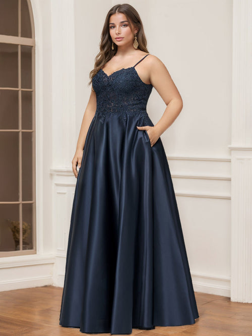 A-Line/Princess V-Neck Spaghetti Straps Sleeveless Floor-Length Plus Size Lace Satin Prom Dresses With Rhinestone
