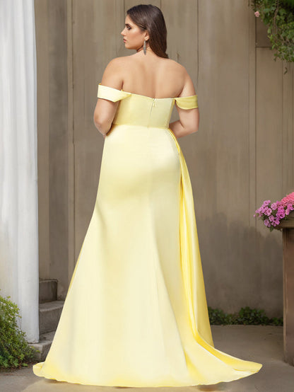 Trumpet/Mermaid Off-the-Shoulder Floor-length Plus Size Satin Prom Dresses with Split Side & Watteau Train