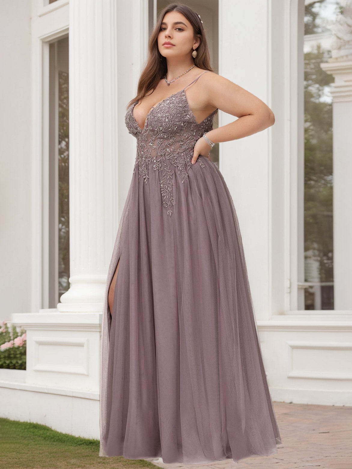 A-Line/Princess V-Neck Sleeveless Floor-Length Lace Tulle Plus Size Prom Dresses With Beads & Sequins