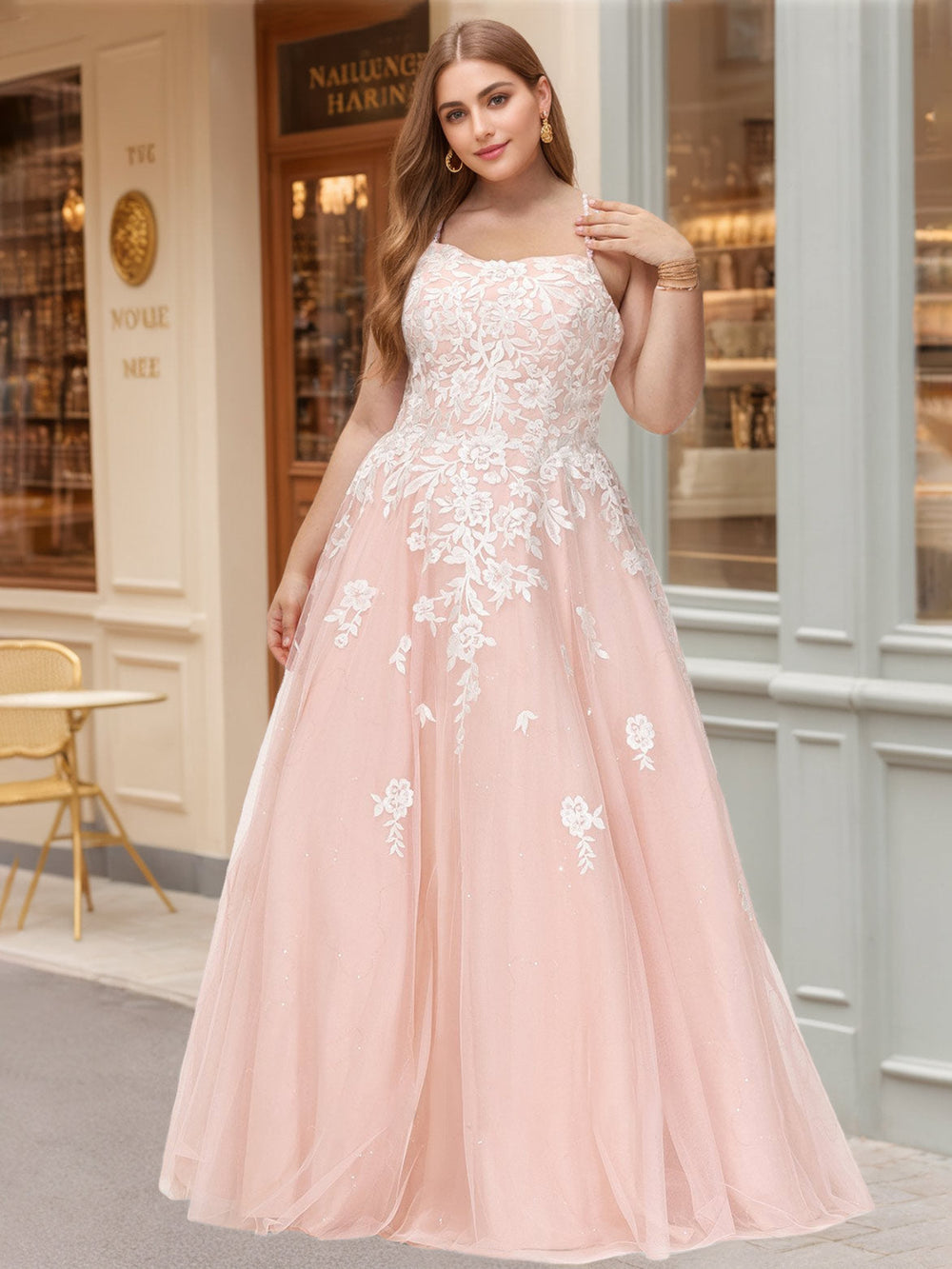 Ball Gown Square Neck Spaghetti Straps Sleeveless Floor-Length Floral Lace Tulle Plus Size Prom Dresses with Sequins