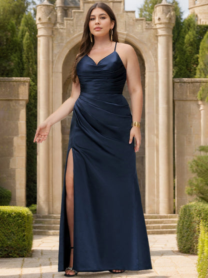 Sheath/Column V-Neck Sleeveless Floor-Length Satin Plus Size Prom Dresses With Split Side & Pleated
