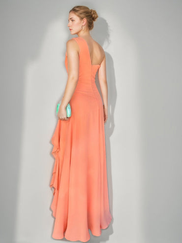A-line/Princess One-Shoulder Sleeveless Ruched Floor-Length Prom Dresses with Ruffles & Slit