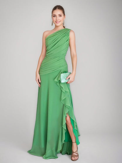 A-line/Princess One-Shoulder Sleeveless Ruched Floor-Length Prom Dresses with Ruffles & Slit