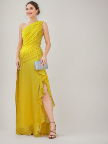 A-line/Princess One-Shoulder Sleeveless Ruched Floor-Length Prom Dresses with Ruffles & Slit