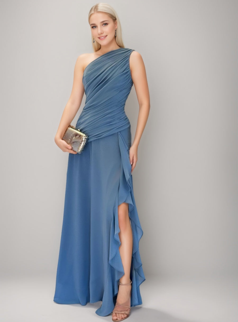 A-line/Princess One-Shoulder Sleeveless Ruched Floor-Length Prom Dresses with Ruffles & Slit