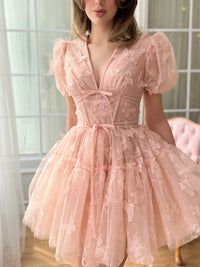 A-Line/Princess V-Neck Short Sleeves Mini Formal Prom Dresses with Flower