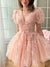 A-Line/Princess V-Neck Short Sleeves Mini Formal Prom Dresses with Flower