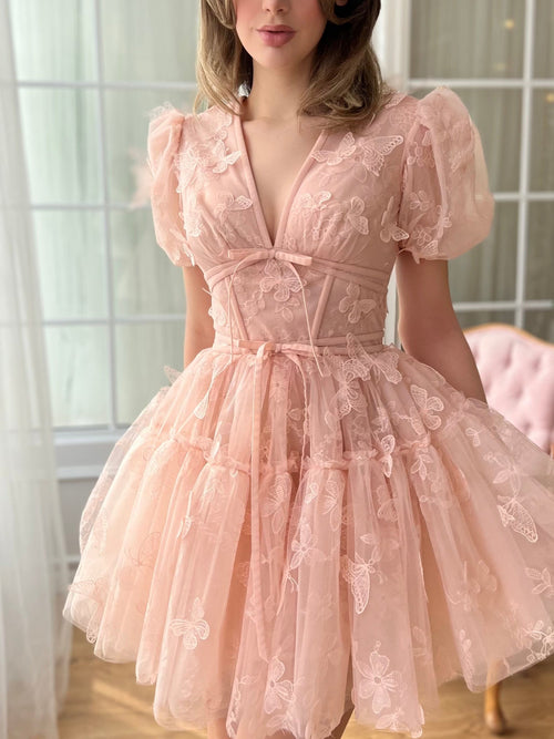 A-Line/Princess V-Neck Short Sleeves Mini Formal Prom Dresses with Flower