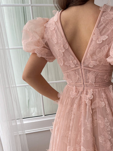 A-Line/Princess V-Neck Short Sleeves Mini Formal Prom Dresses with Flower