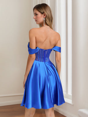 A-Line/Princess Off-The-Shoulder Pleated Short/Mini Homecoming Dresses with Rhinestones & Beads