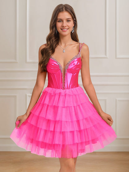 A-Line/Princess Spaghetti Straps Sleeveless Short/Mini Homecoming Dresses with Tiered Tulle & Rhinestones & Lace-Up