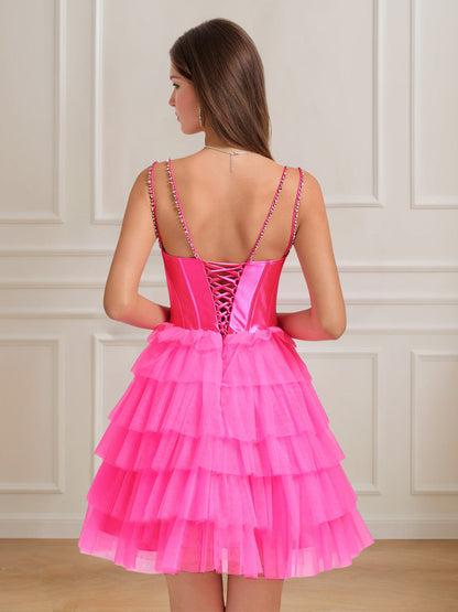 A-Line/Princess Spaghetti Straps Sleeveless Short/Mini Homecoming Dresses with Tiered Tulle & Rhinestones & Lace-Up