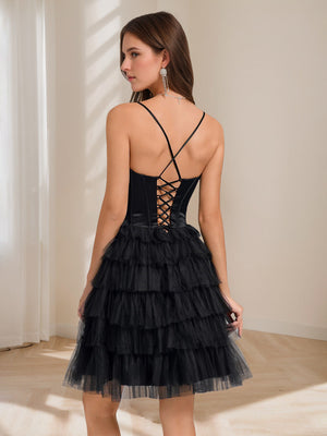 A-Line/Princess Spaghetti Straps Sleeveless Short/Mini Homecoming Dresses with Tiered Tulle & Lace-Up
