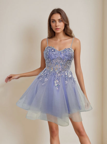 A-Line/Princess Spaghetti Straps Sleeveless Short/Mini Party Dance Cocktail Homecoming Dress with Sequins & Lace Appliques
