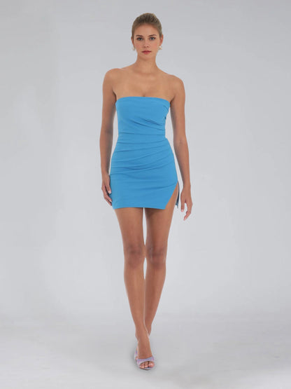 Sheath/Column Strapless Ruched Sleeveless Short/Mini Homecoming Dresses with Side Slit