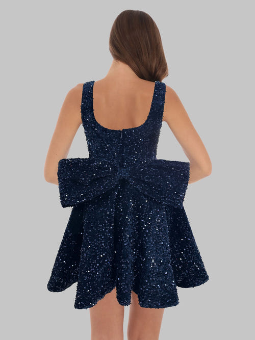 A-Line Christmas Party Dress Square Neck Sequin Short Homecoming Dresses with Bow