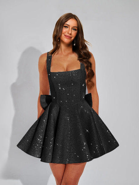 A-Line Christmas Party Dress Square Neck Sequin Short Homecoming Dresses with Bow