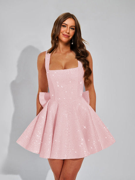 Nafori Blush Pink A-Line Christmas Party Dress Square Neck Sequin Short Homecoming Dresses with Bow 2026