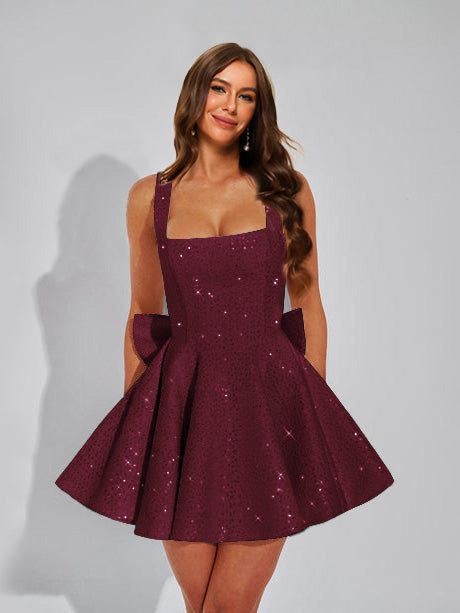 A-Line Christmas Party Dress Square Neck Sequin Short Homecoming Dresses with Bow
