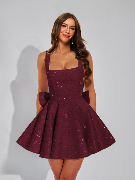 Nafori Burgundy A-Line Christmas Party Dress Square Neck Sequin Short Homecoming Dresses with Bow 2026
