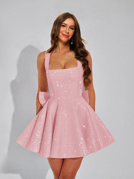 A-Line Christmas Party Dress Square Neck Sequin Short Homecoming Dresses with Bow