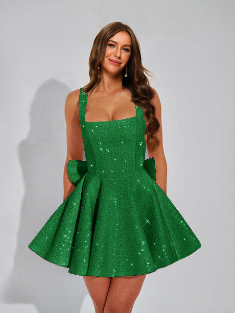 A-Line Christmas Party Dress Square Neck Sequin Short Homecoming Dresses with Bow
