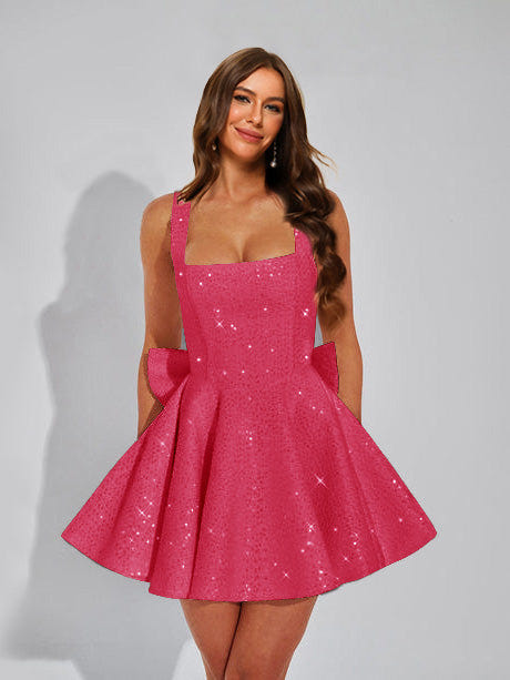 A-Line Christmas Party Dress Square Neck Sequin Short Homecoming Dresses with Bow
