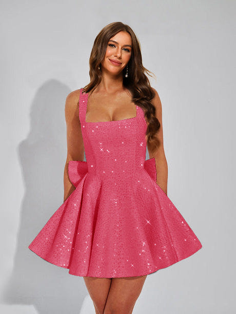 A-Line Christmas Party Dress Square Neck Sequin Short Homecoming Dresses with Bow