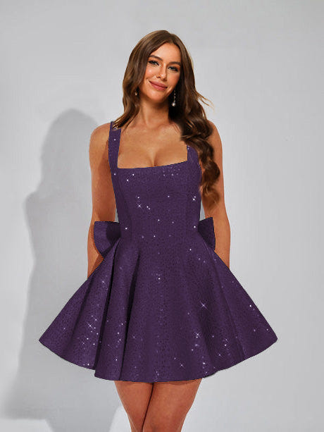 A-Line Christmas Party Dress Square Neck Sequin Short Homecoming Dresses with Bow