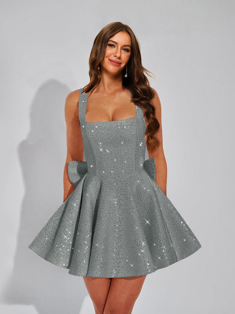 Nafori Silver Gray A-Line Christmas Party Dress Square Neck Sequin Short Homecoming Dresses with Bow 2026