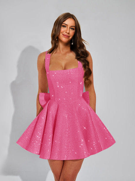 A-Line Christmas Party Dress Square Neck Sequin Short Homecoming Dresses with Bow
