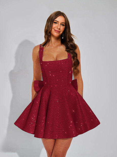 A-Line Christmas Party Dress Square Neck Sequin Short Homecoming Dresses with Bow