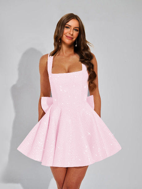 A-Line Christmas Party Dress Square Neck Sequin Short Homecoming Dresses with Bow