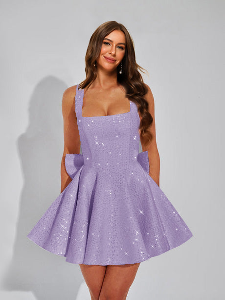 Nafori Light Purple A-Line Christmas Party Dress Square Neck Sequin Short Homecoming Dresses with Bow 2026