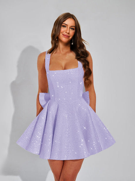 Nafori Light Purple A-Line Christmas Party Dress Square Neck Sequin Short Homecoming Dresses with Bow 2026