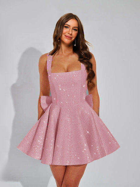 A-Line Christmas Party Dress Square Neck Sequin Short Homecoming Dresses with Bow