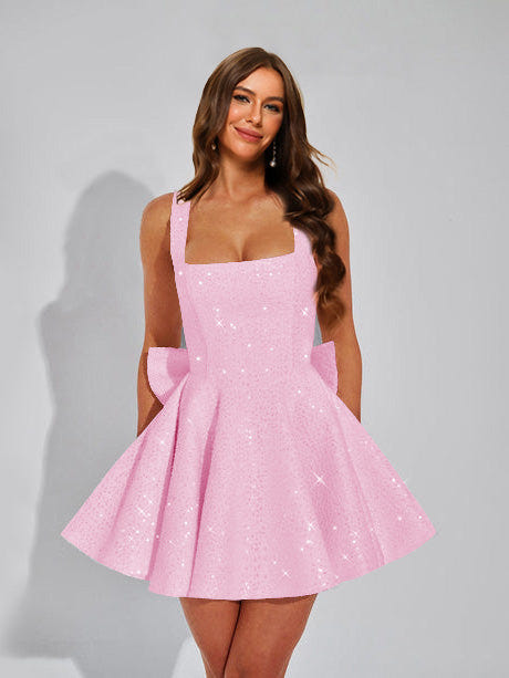 A-Line Christmas Party Dress Square Neck Sequin Short Homecoming Dresses with Bow