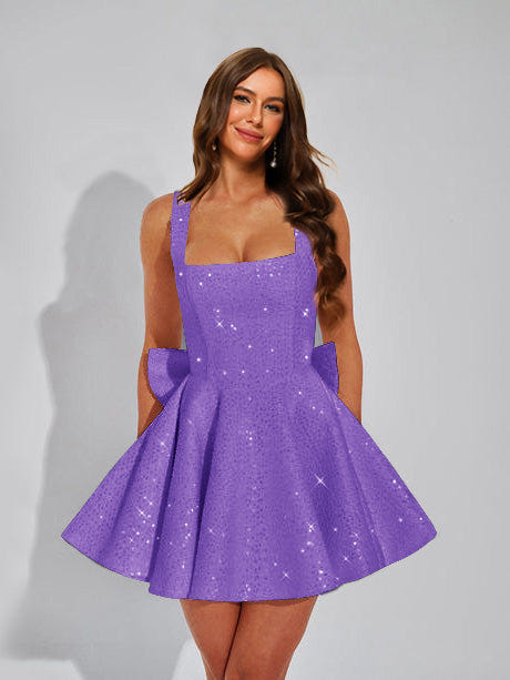 A-Line Christmas Party Dress Square Neck Sequin Short Homecoming Dresses with Bow