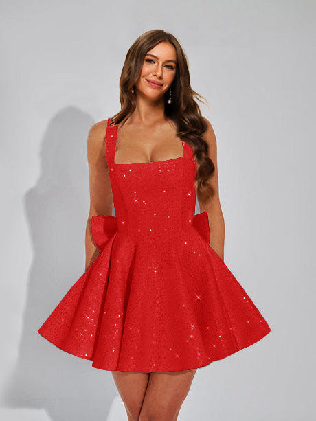 A-Line Christmas Party Dress Square Neck Sequin Short Homecoming Dresses with Bow