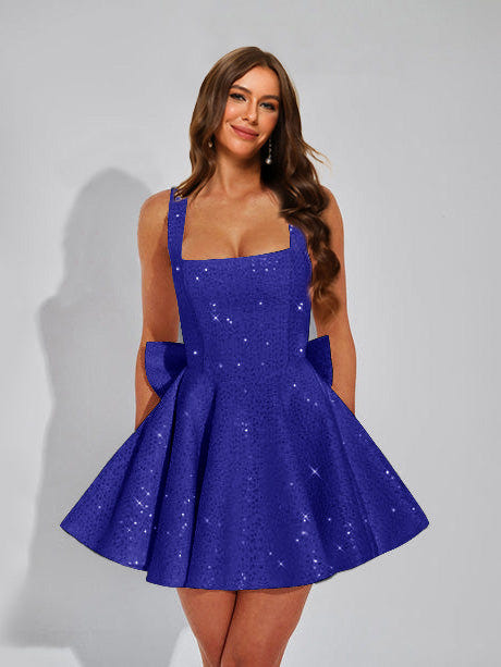 A-Line Christmas Party Dress Square Neck Sequin Short Homecoming Dresses with Bow