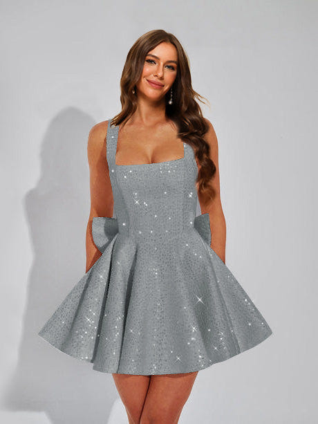 A-Line Christmas Party Dress Square Neck Sequin Short Homecoming Dresses with Bow