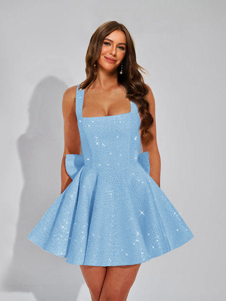A-Line Christmas Party Dress Square Neck Sequin Short Homecoming Dresses with Bow