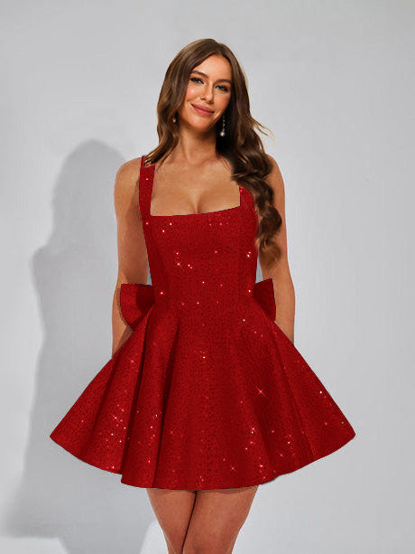 A-Line Christmas Party Dress Square Neck Sequin Short Homecoming Dresses with Bow