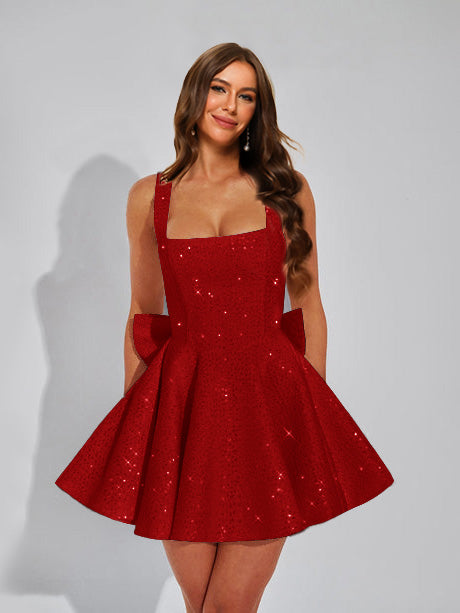 Nafori Wine Red A-Line Christmas Party Dress Square Neck Sequin Short Homecoming Dresses with Bow 2026