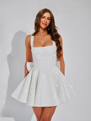A-Line Christmas Party Dress Square Neck Sequin Short Homecoming Dresses with Bow