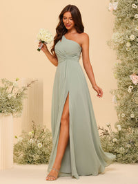 A-Line/Princess One-Shoulder Sleeveless Floor-Length  Chiffon Bridesmaid Dress with Ruffle Split side