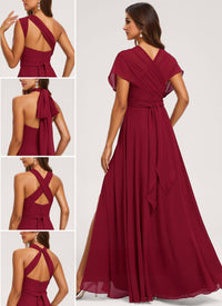 A-Line/Princess  Halter One Shoulder V-Neck Floor-Length Chiffon Bridesmaid Dress
